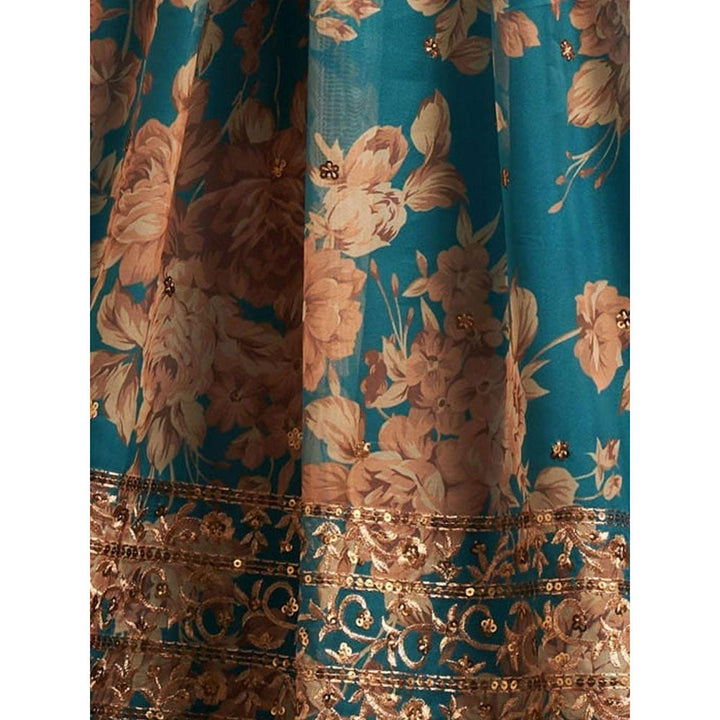 Odette Teal Floral Printed Semi Stitched Lehenga with Unstitched Blouse and Dupatta (Set of 3)