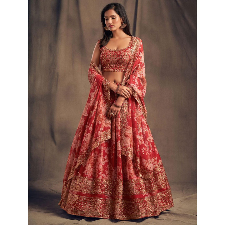 Odette Red Floral Printed Semi Stitched Lehenga with Unstitched Blouse and Dupatta (Set of 3)