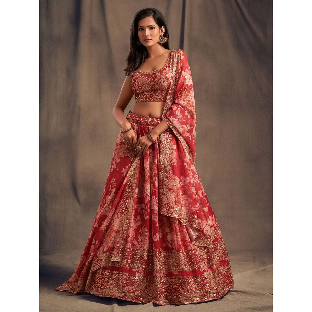 Odette Red Floral Printed Semi Stitched Lehenga with Unstitched Blouse and Dupatta (Set of 3)