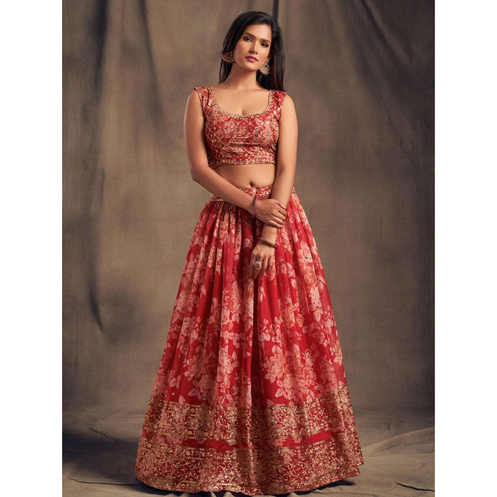 Odette Red Floral Printed Semi Stitched Lehenga with Unstitched Blouse and Dupatta (Set of 3)