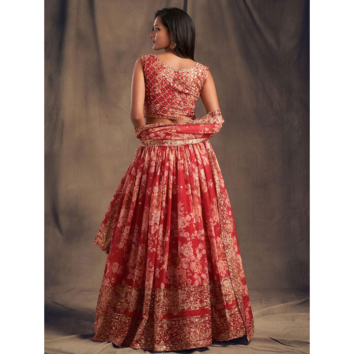 Odette Red Floral Printed Semi Stitched Lehenga with Unstitched Blouse and Dupatta (Set of 3)