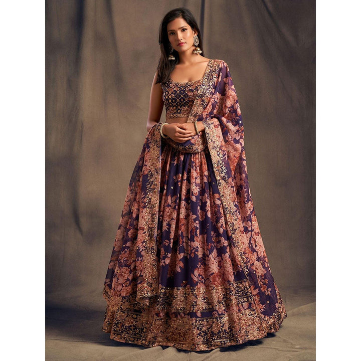 Odette Purple Floral Printed Semi Stitched Lehenga with Unstitched Blouse and Dupatta (Set of 3)