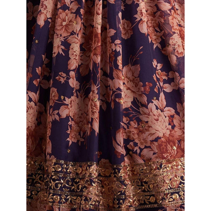 Odette Purple Floral Printed Semi Stitched Lehenga with Unstitched Blouse and Dupatta (Set of 3)