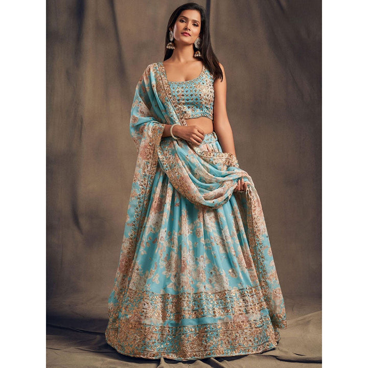 Odette Light Blue Floral Printed Semi Stitched Lehenga with Unstitched Blouse and Dupatta (Set of 3)