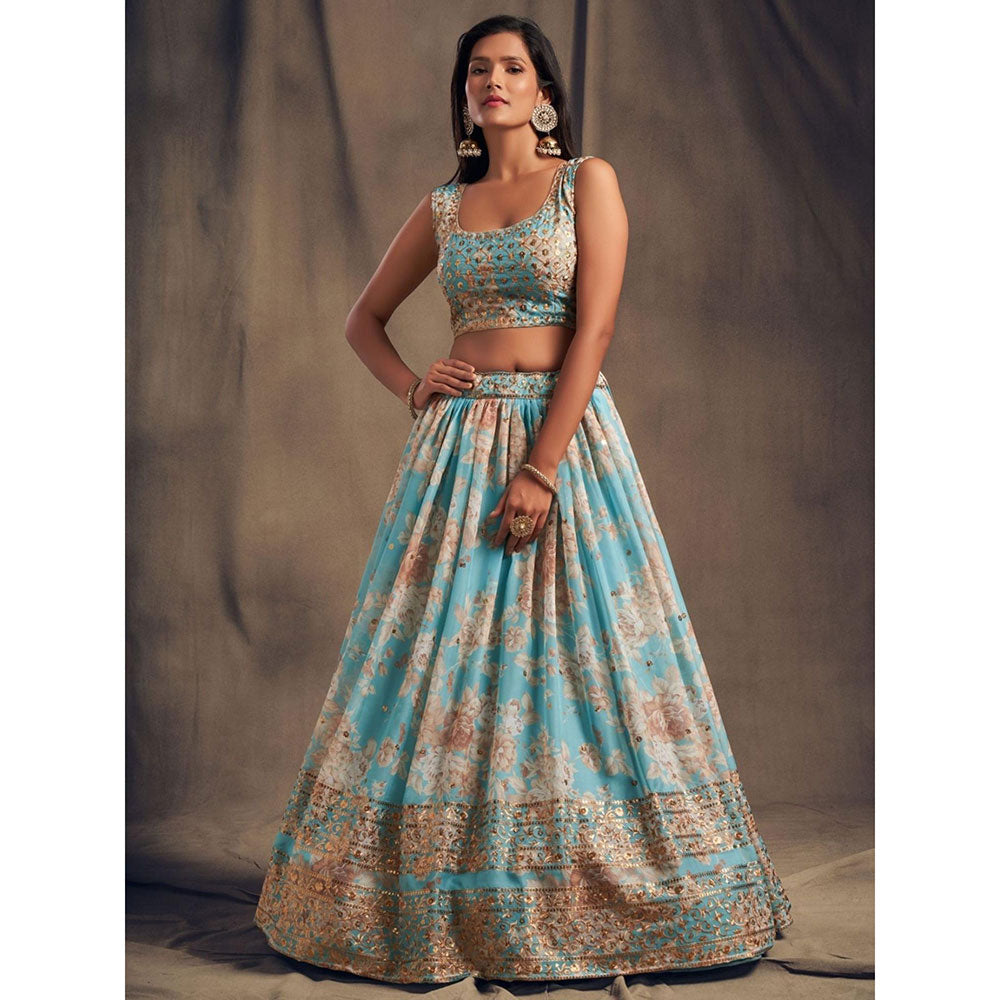 Odette Light Blue Floral Printed Semi Stitched Lehenga with Unstitched Blouse and Dupatta (Set of 3)