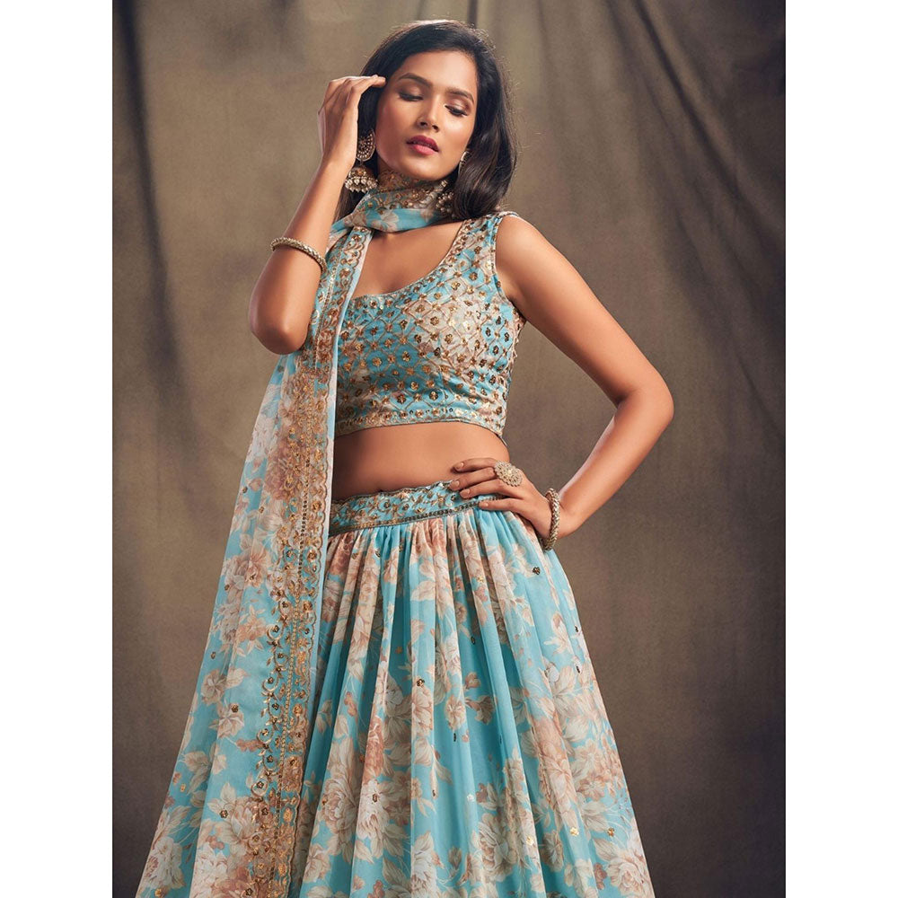 Odette Light Blue Floral Printed Semi Stitched Lehenga with Unstitched Blouse and Dupatta (Set of 3)