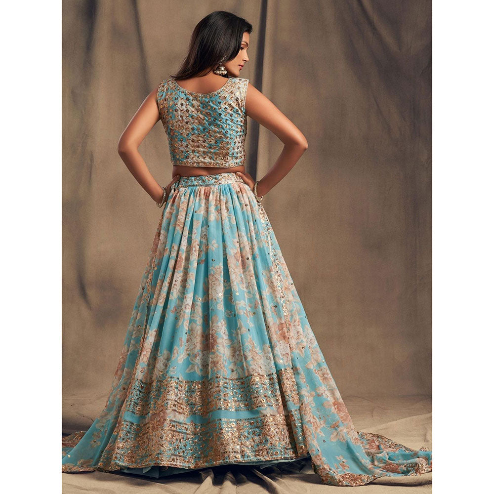 Odette Light Blue Floral Printed Semi Stitched Lehenga with Unstitched Blouse and Dupatta (Set of 3)