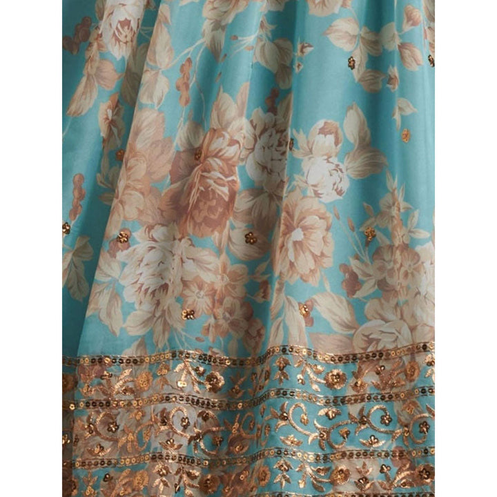 Odette Light Blue Floral Printed Semi Stitched Lehenga with Unstitched Blouse and Dupatta (Set of 3)