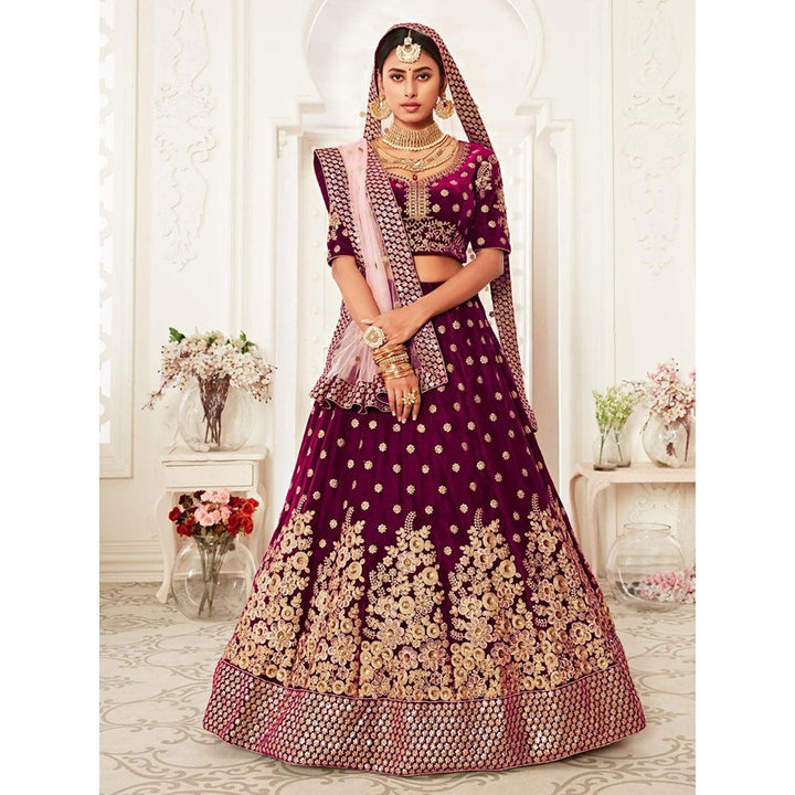 Odette Wine Embroidered Semi Stitched Lehenga with Unstitched Blouse and Dupatta (Set of 3)