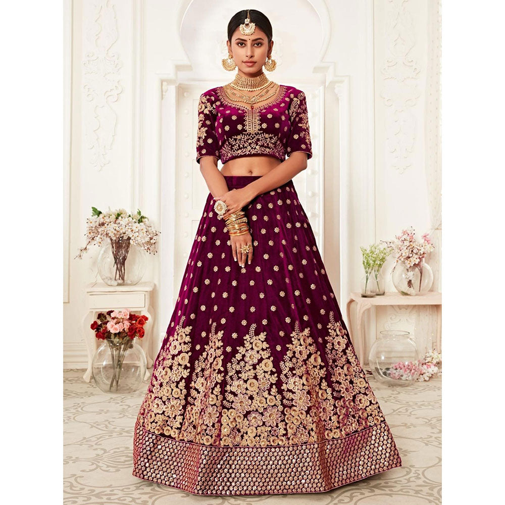 Odette Wine Embroidered Semi Stitched Lehenga with Unstitched Blouse and Dupatta (Set of 3)