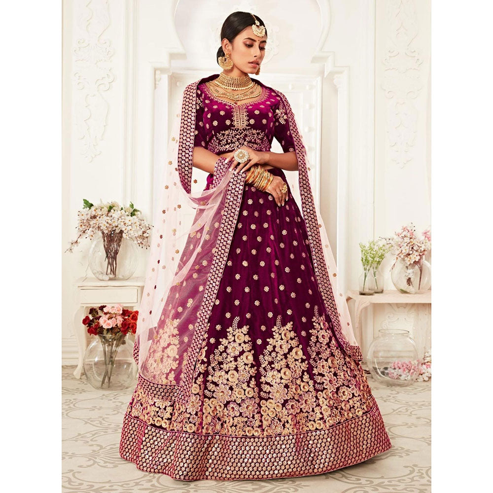 Odette Wine Embroidered Semi Stitched Lehenga with Unstitched Blouse and Dupatta (Set of 3)