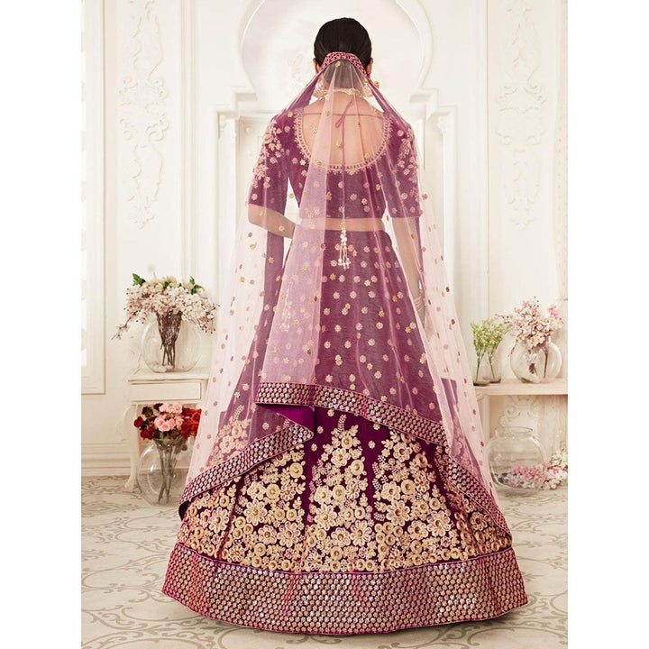 Odette Wine Embroidered Semi Stitched Lehenga with Unstitched Blouse and Dupatta (Set of 3)