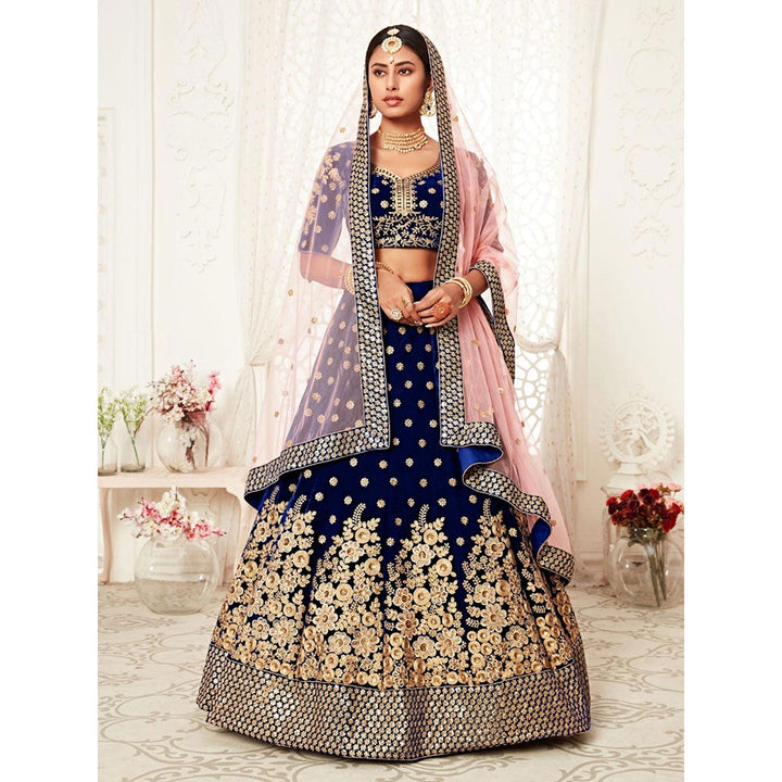 Odette Navy Blue Embroidered Semi Stitched Lehenga with Unstitched Blouse and Dupatta (Set of 3)