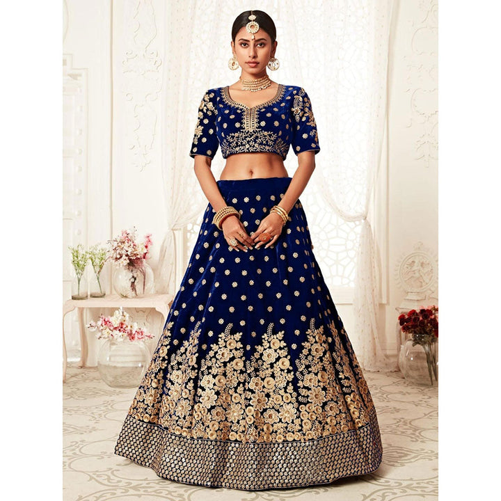 Odette Navy Blue Embroidered Semi Stitched Lehenga with Unstitched Blouse and Dupatta (Set of 3)