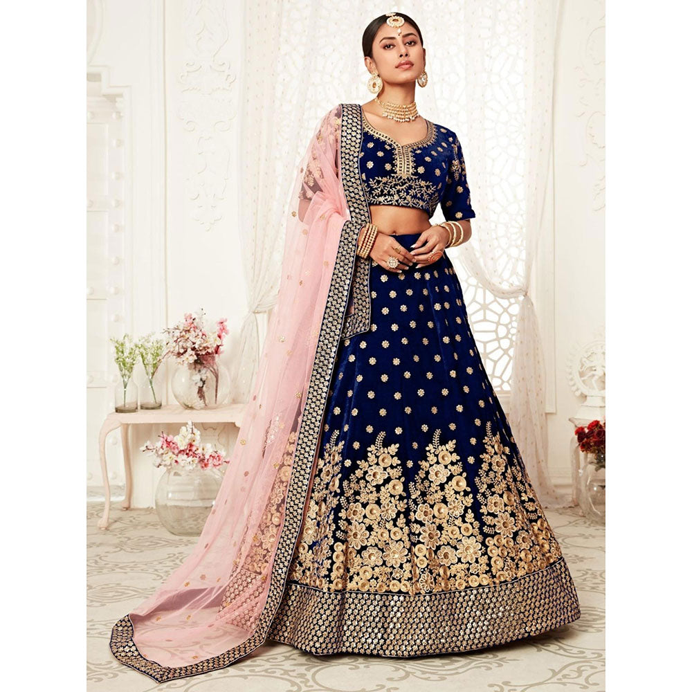 Odette Navy Blue Embroidered Semi Stitched Lehenga with Unstitched Blouse and Dupatta (Set of 3)