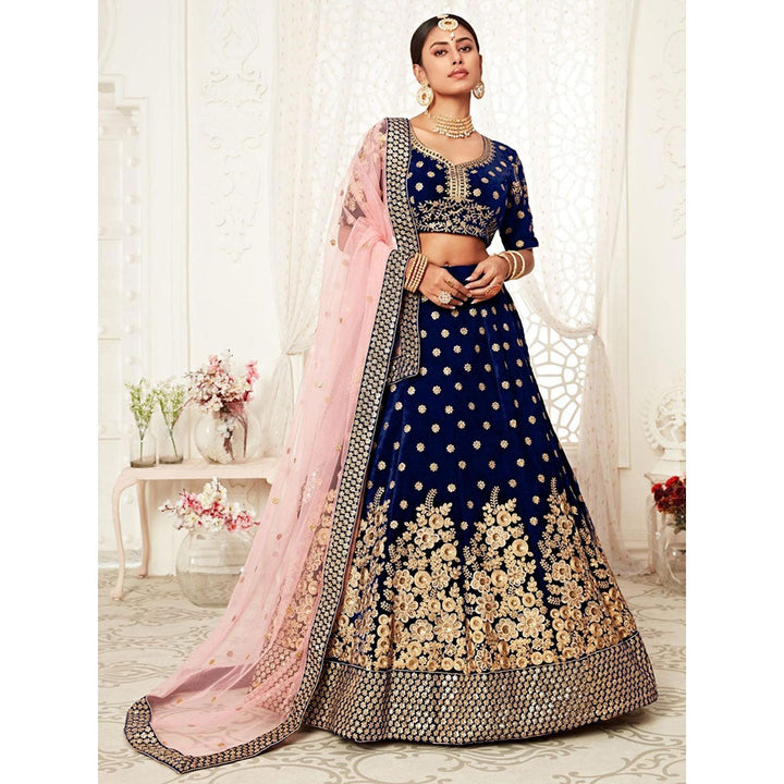 Odette Navy Blue Embroidered Semi Stitched Lehenga with Unstitched Blouse and Dupatta (Set of 3)