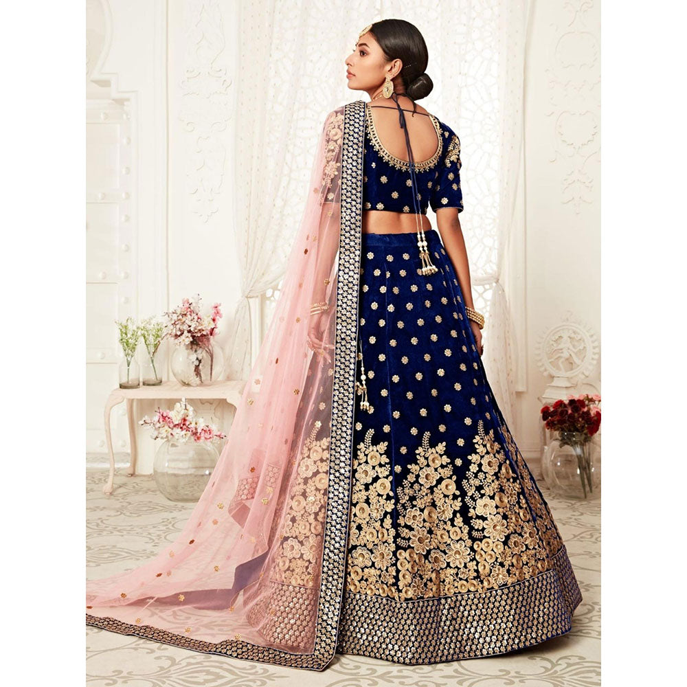 Odette Navy Blue Embroidered Semi Stitched Lehenga with Unstitched Blouse and Dupatta (Set of 3)