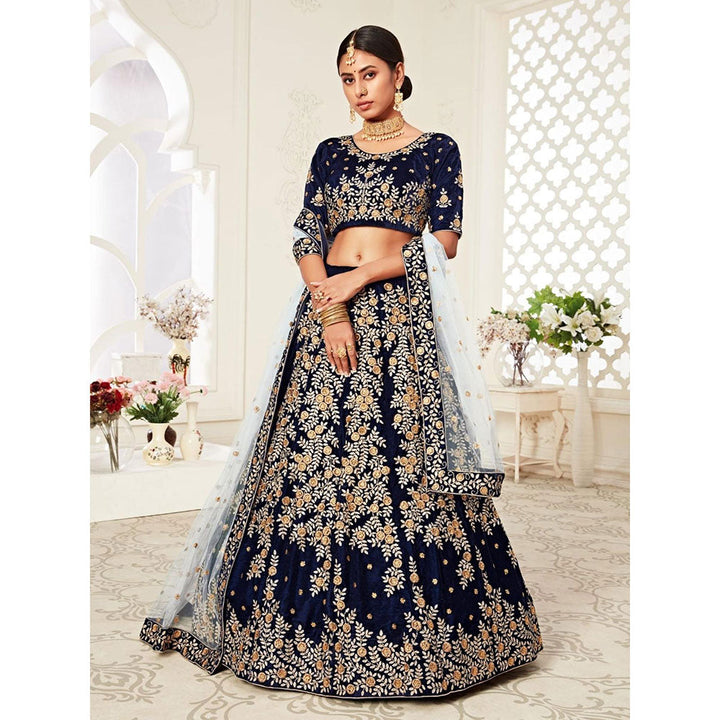 Odette Navy Blue Embroidered Semi Stitched Lehenga with Unstitched Blouse and Dupatta (Set of 3)