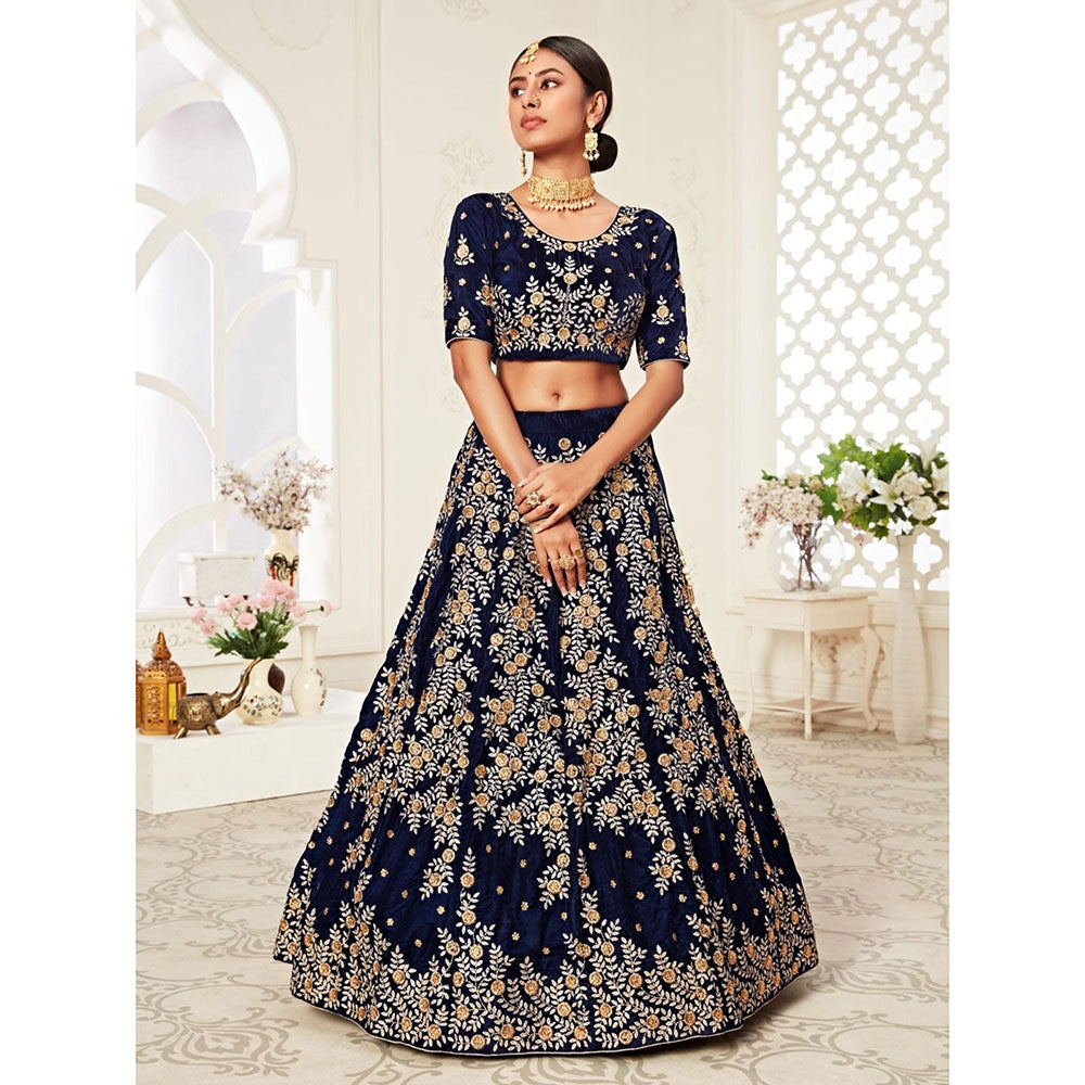 Odette Navy Blue Embroidered Semi Stitched Lehenga with Unstitched Blouse and Dupatta (Set of 3)