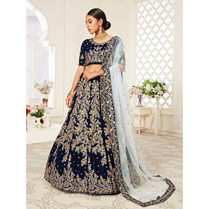 Odette Navy Blue Embroidered Semi Stitched Lehenga with Unstitched Blouse and Dupatta (Set of 3)