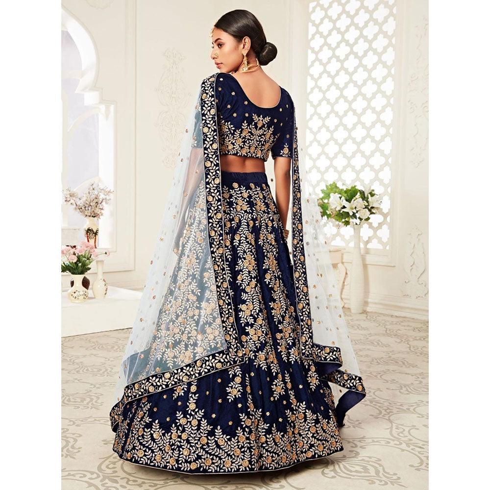 Odette Navy Blue Embroidered Semi Stitched Lehenga with Unstitched Blouse and Dupatta (Set of 3)