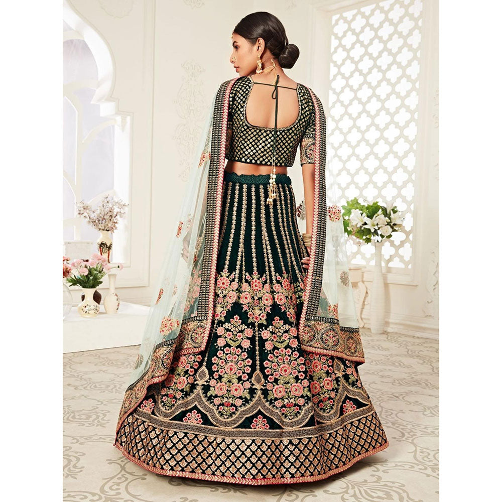 Odette Green Velvet Embroidered Semi Stitched Lehenga with Unstitched Blouse and Dupatta (Set of 3)