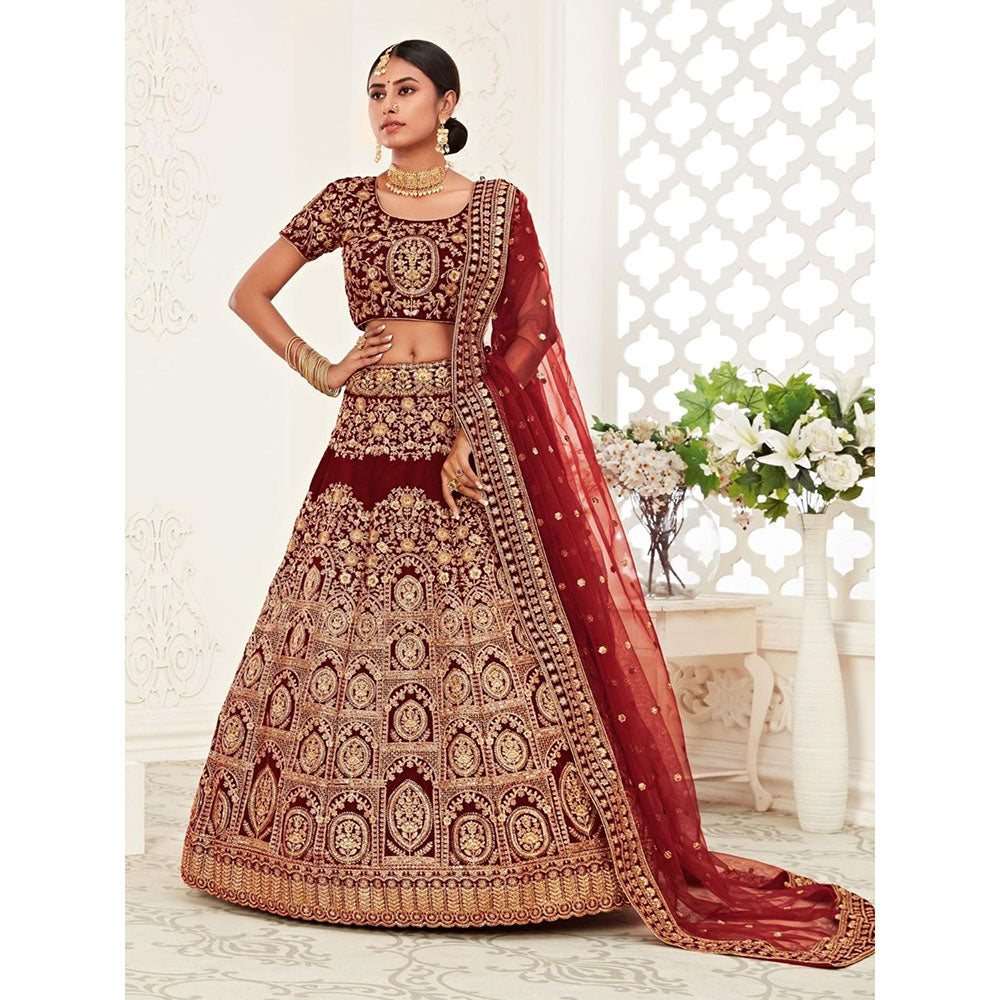 Odette Maroon Velvet Embroidered Semi Stitched Lehenga with Unstitched Blouse and Dupatta (Set of 3)