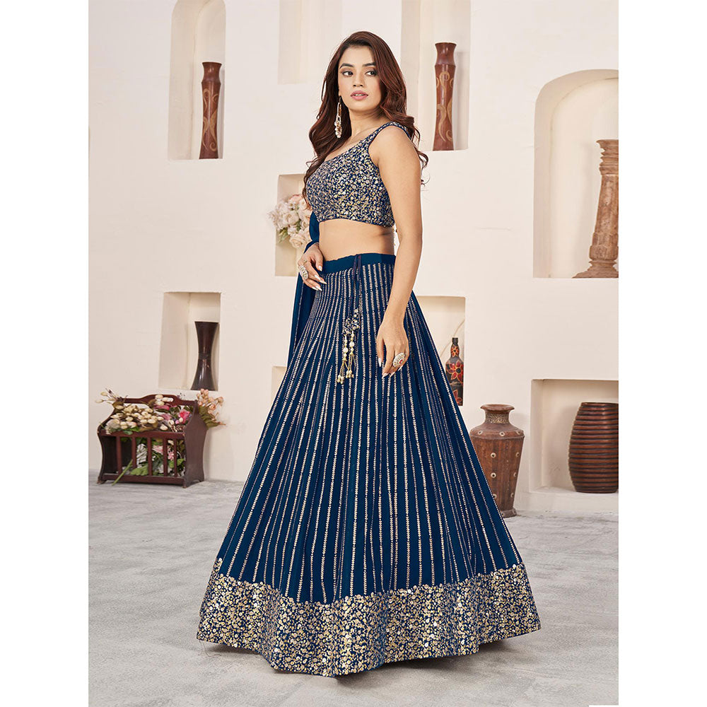 Odette Navy Blue Embellished Semi Stitched Lehenga with Unstitched Blouse and Dupatta (Set of 3)