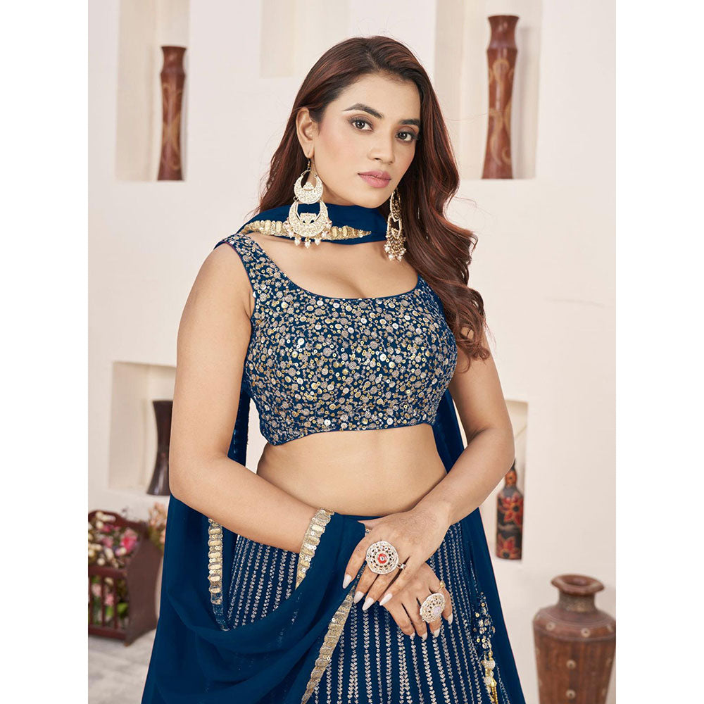 Odette Navy Blue Embellished Semi Stitched Lehenga with Unstitched Blouse and Dupatta (Set of 3)