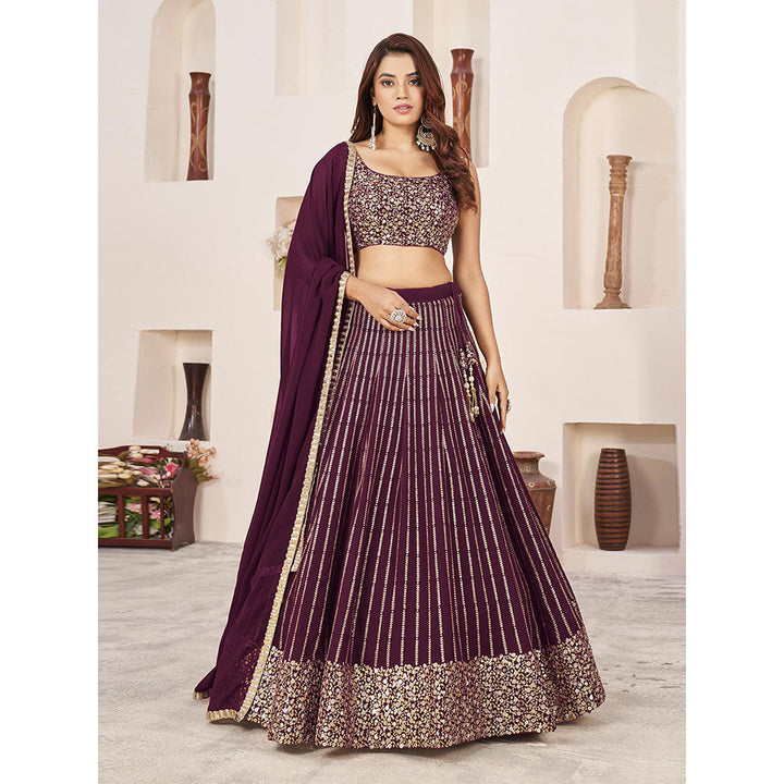 Odette Burgundy Embellished Semi Stitched Lehenga with Unstitched Blouse and Dupatta (Set of 3)