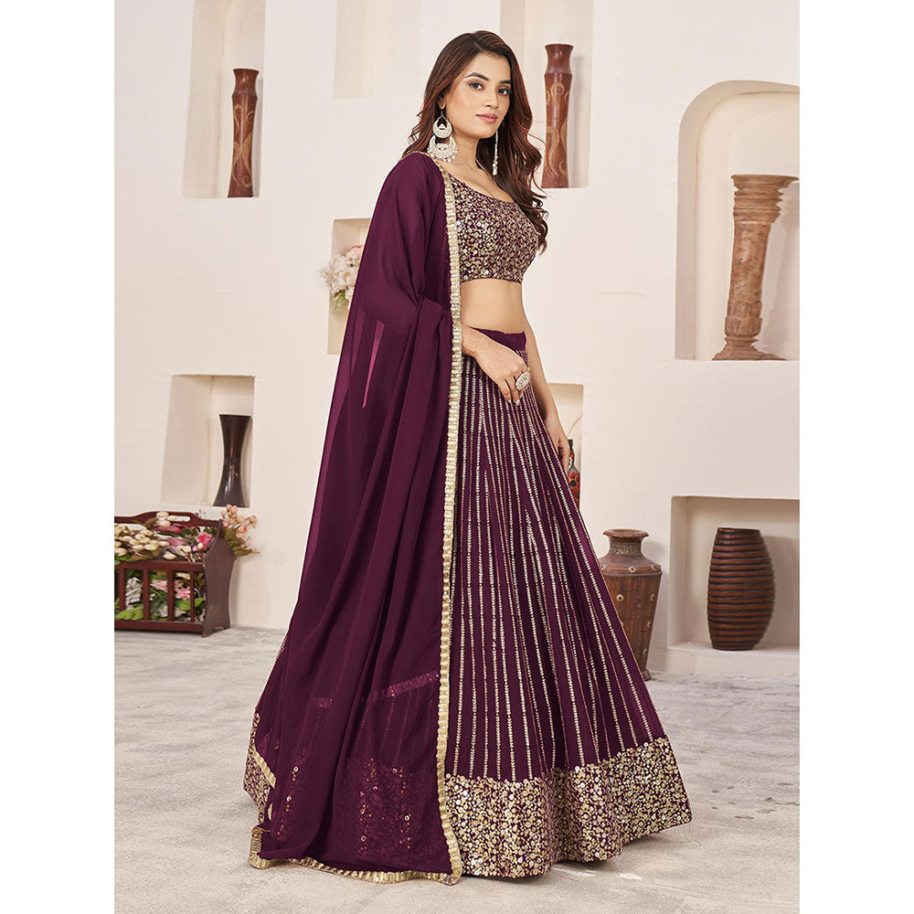 Odette Burgundy Embellished Semi Stitched Lehenga with Unstitched Blouse and Dupatta (Set of 3)