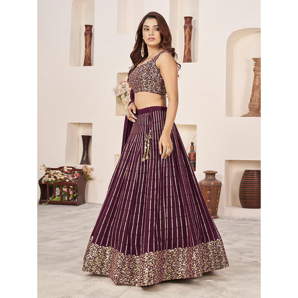 Odette Burgundy Embellished Semi Stitched Lehenga with Unstitched Blouse and Dupatta (Set of 3)