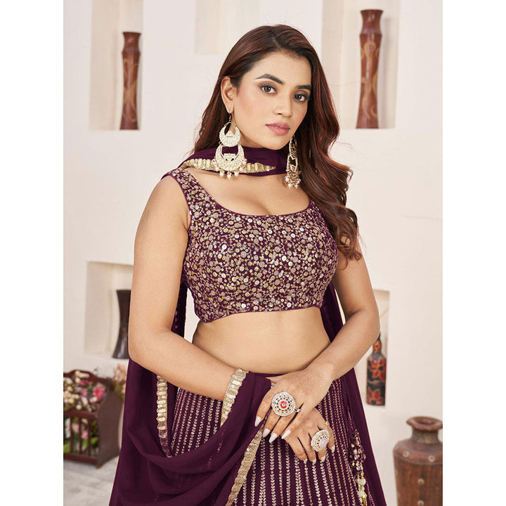 Odette Burgundy Embellished Semi Stitched Lehenga with Unstitched Blouse and Dupatta (Set of 3)