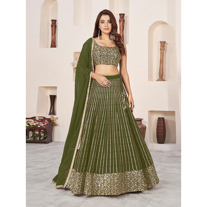 Odette Olive Embellished Semi Stitched Lehenga with Unstitched Blouse and Dupatta (Set of 3)