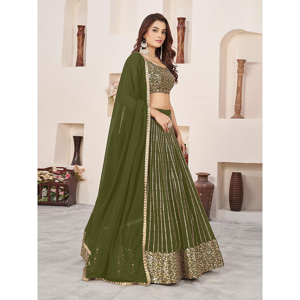 Odette Olive Embellished Semi Stitched Lehenga with Unstitched Blouse and Dupatta (Set of 3)