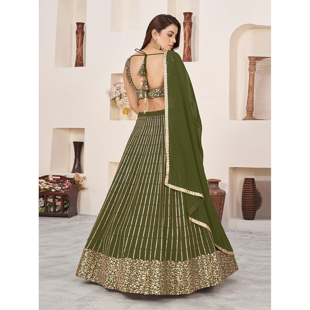 Odette Olive Embellished Semi Stitched Lehenga with Unstitched Blouse and Dupatta (Set of 3)