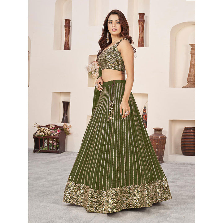 Odette Olive Embellished Semi Stitched Lehenga with Unstitched Blouse and Dupatta (Set of 3)