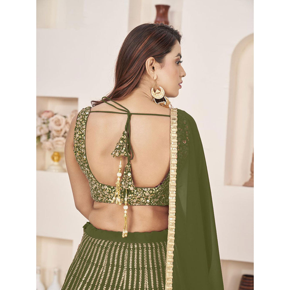 Odette Olive Embellished Semi Stitched Lehenga with Unstitched Blouse and Dupatta (Set of 3)