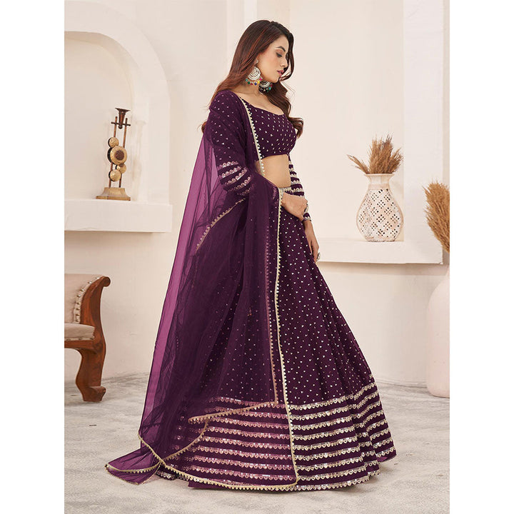 Odette Wine Embellished Semi Stitched Lehenga with Unstitched Blouse and Dupatta (Set of 3)