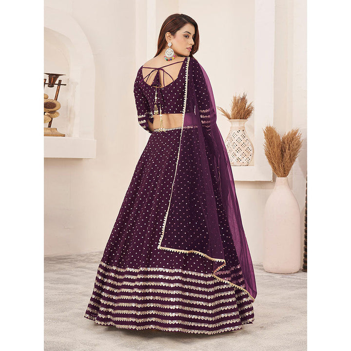 Odette Wine Embellished Semi Stitched Lehenga with Unstitched Blouse and Dupatta (Set of 3)