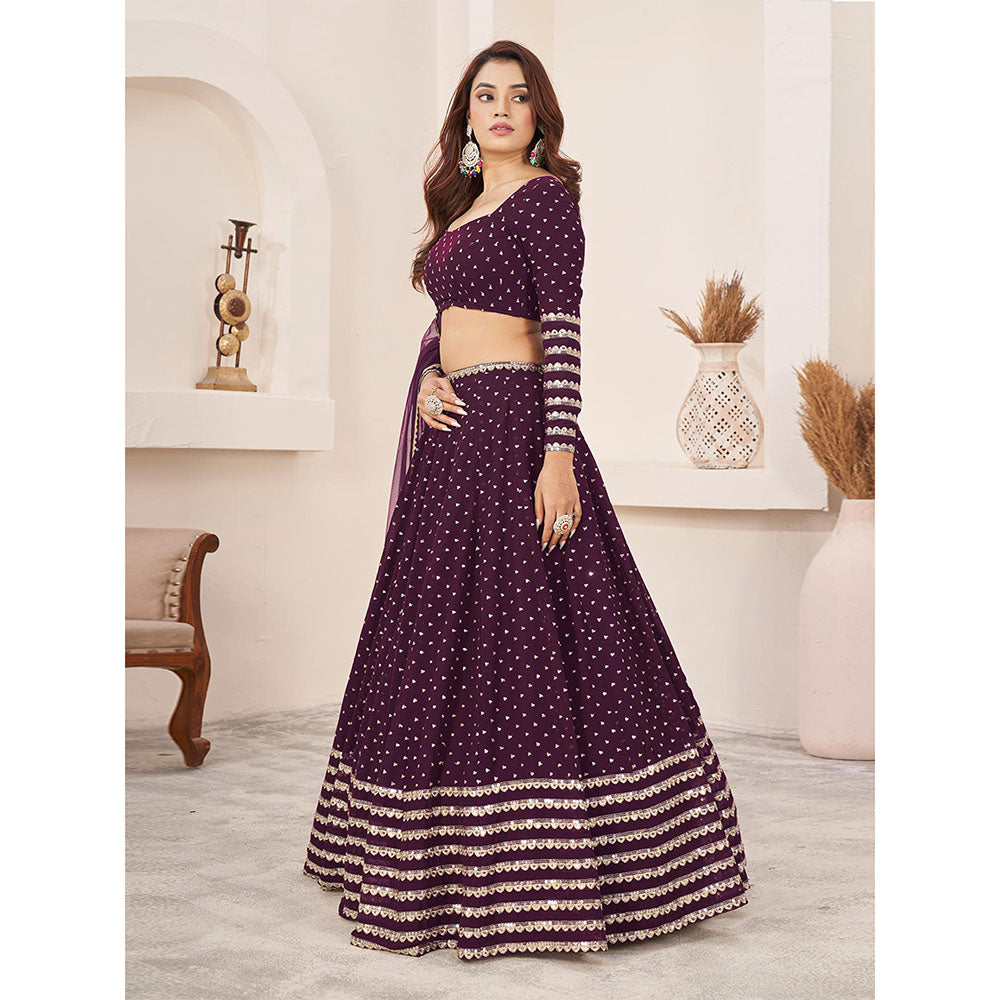 Odette Wine Embellished Semi Stitched Lehenga with Unstitched Blouse and Dupatta (Set of 3)