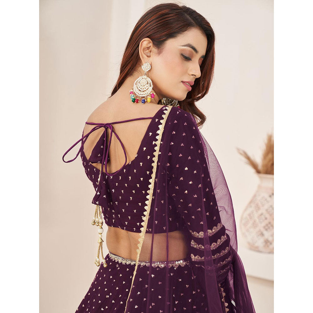 Odette Wine Embellished Semi Stitched Lehenga with Unstitched Blouse and Dupatta (Set of 3)