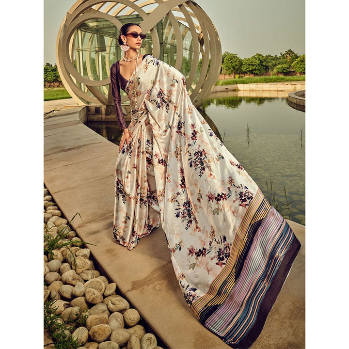 Odette Off White Satin Printed Saree with Unstitched Blouse for Women