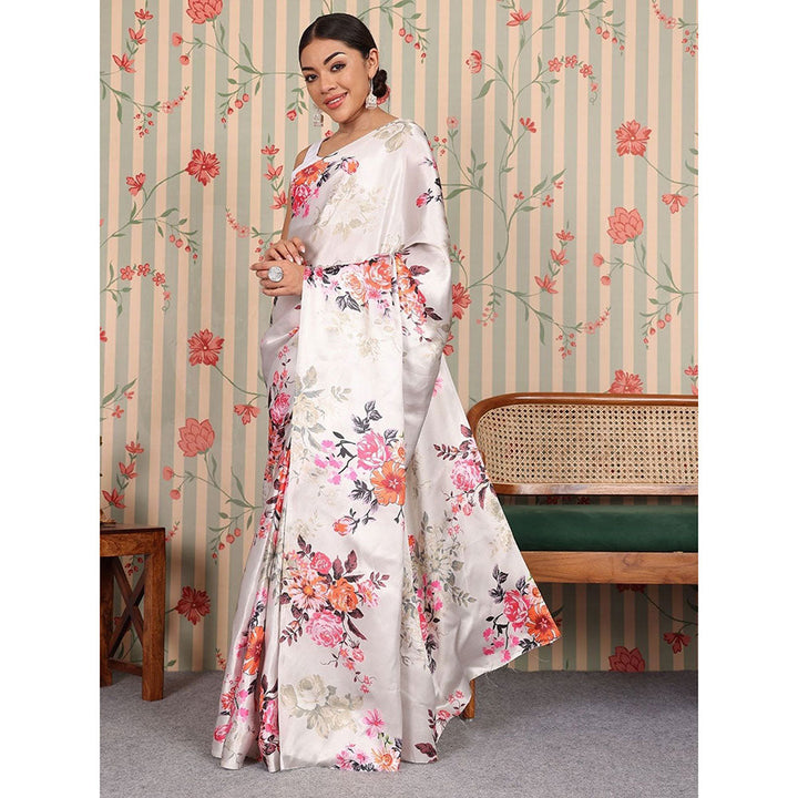 Odette Lavender Satin Floral Saree with Unstitched Blouse for Women