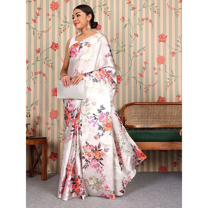 Odette Lavender Satin Floral Saree with Unstitched Blouse for Women