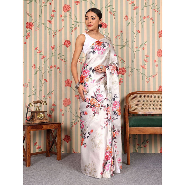 Odette Lavender Satin Floral Saree with Unstitched Blouse for Women