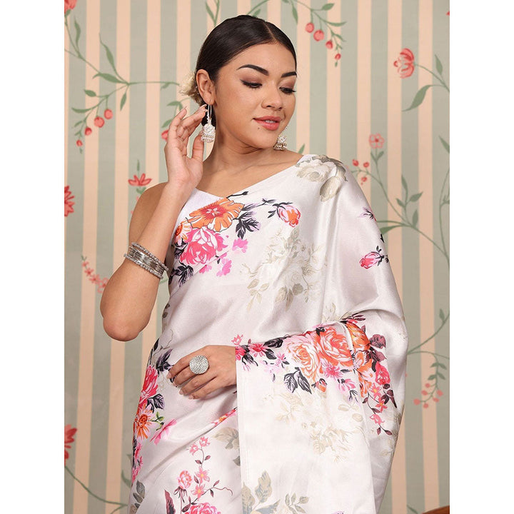 Odette Lavender Satin Floral Saree with Unstitched Blouse for Women