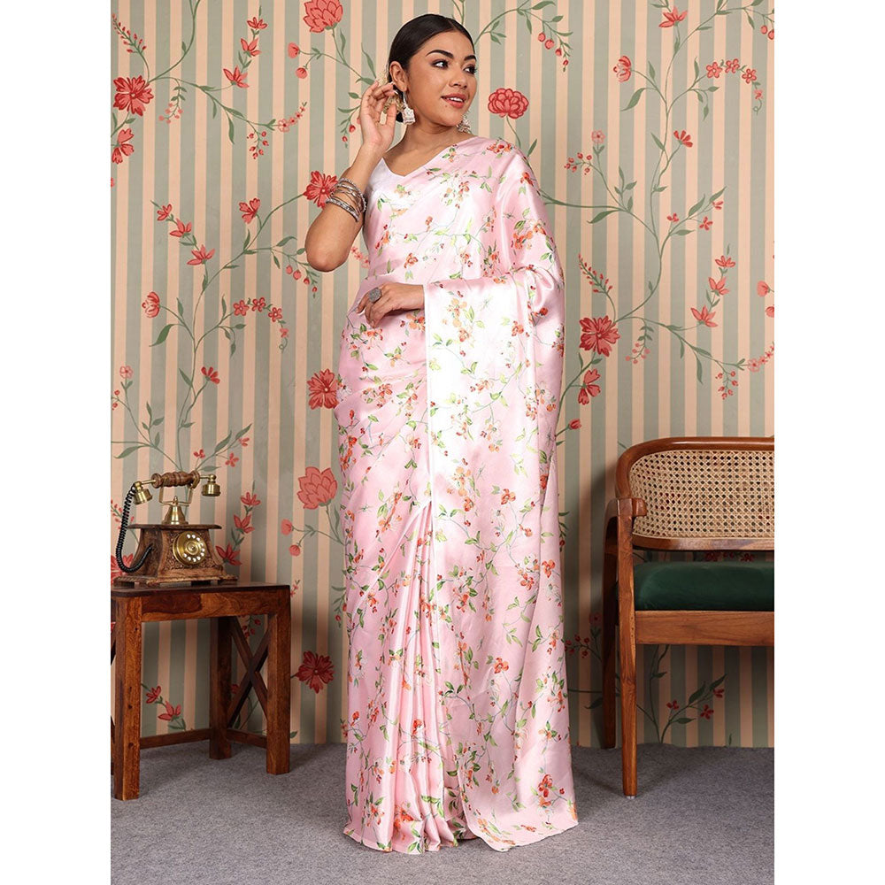 Odette Pink Satin Floral Saree with Unstitched Blouse for Women