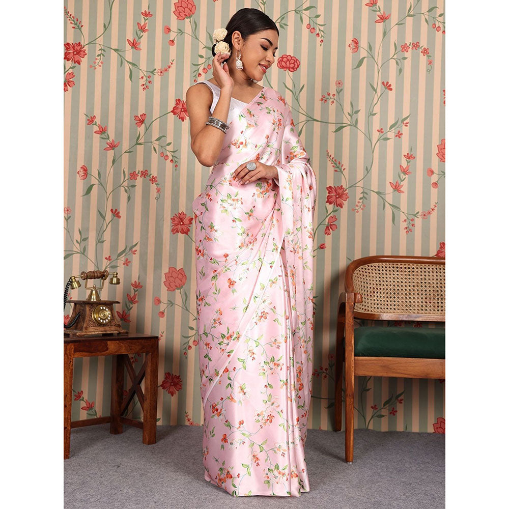 Odette Pink Satin Floral Saree with Unstitched Blouse for Women