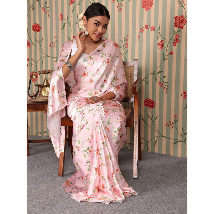 Odette Pink Satin Floral Saree with Unstitched Blouse for Women